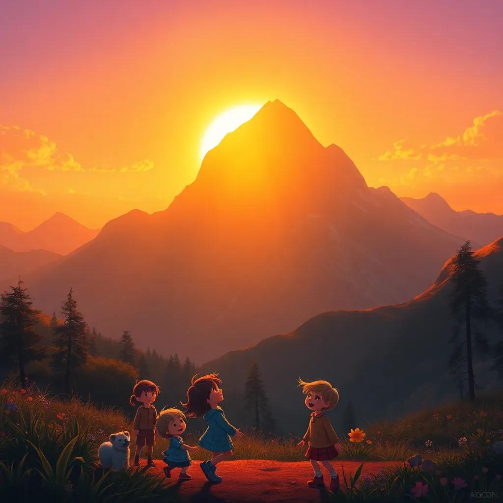 The sun setting over the magical mountain, painting it in gold and orange hues, children laughing and playing in the foreground, digital painting, warm atmosphere, beautiful landscape, high quality