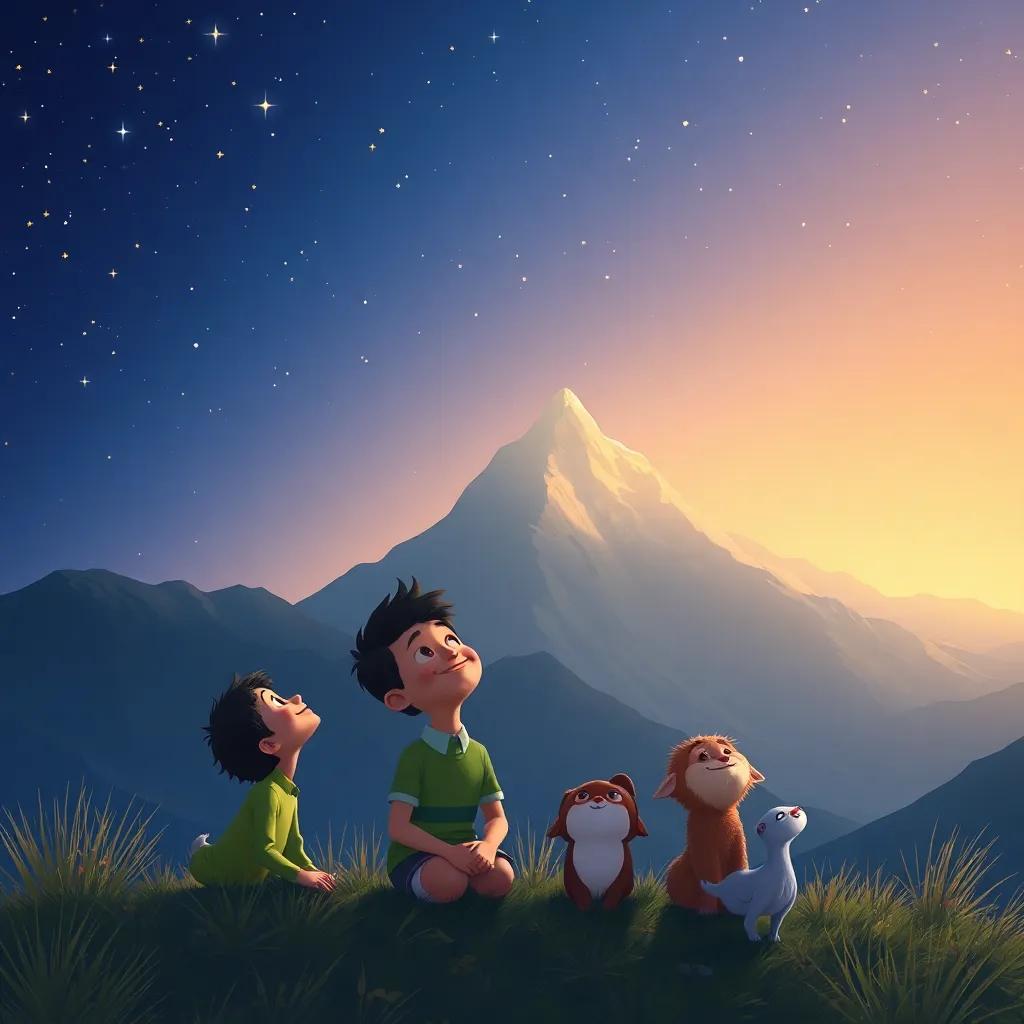Nightfall with twinkling stars above the mountain, Samir and friends looking up, feeling content and magical, the mountain glowing softly under the moonlight, illustration, enchanting, peaceful vibes, high quality