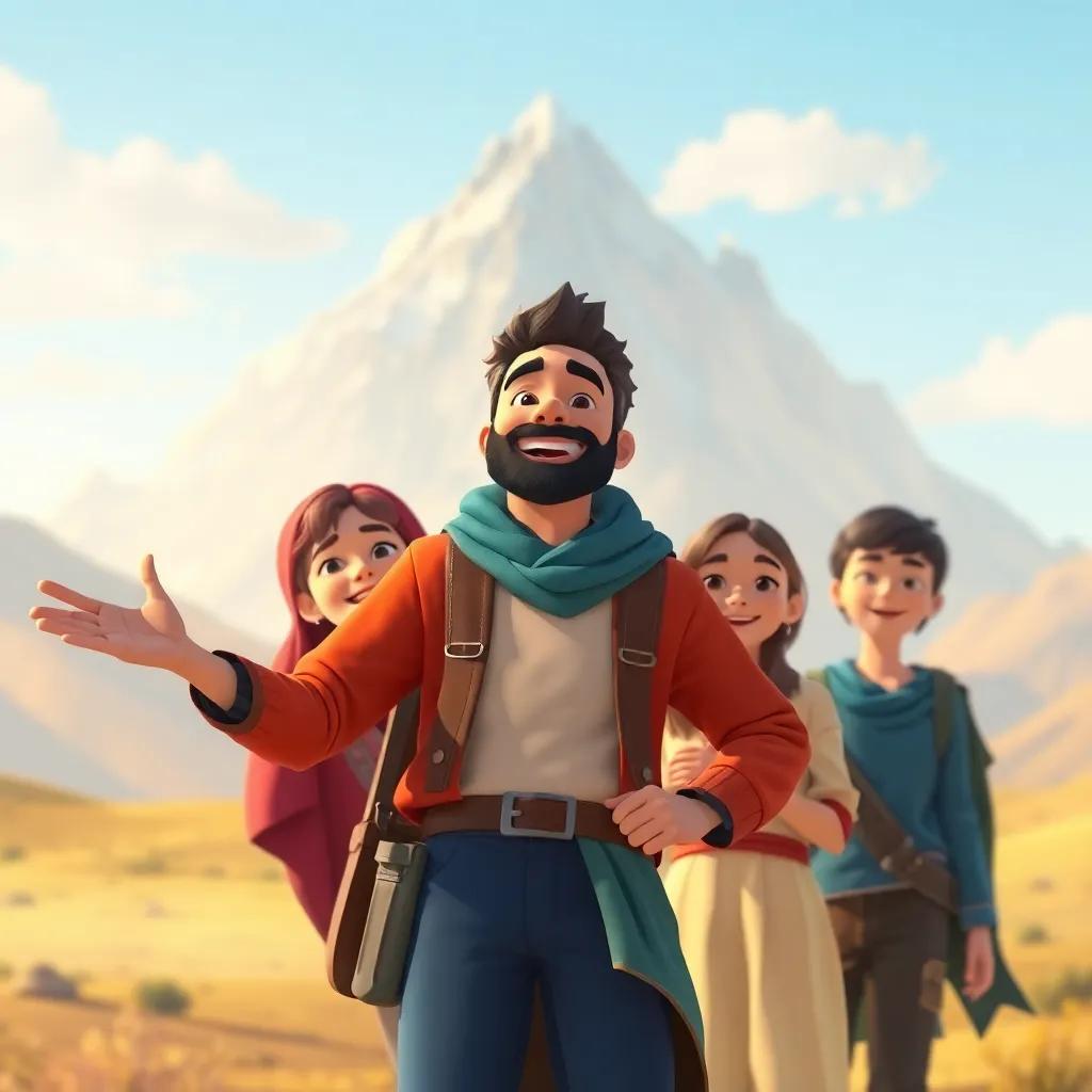 Samir with friends promising to return, joyful smiles on their faces, the mountain rising majestically behind them, digital art, hopeful atmosphere, vibrant colors, high quality