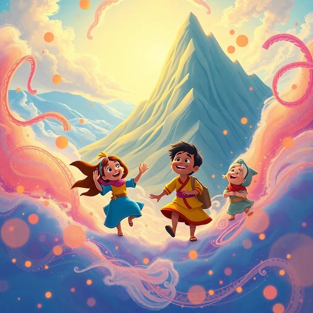 Dream scene of Samir and friends returning to the magical mountain, colorful patterns swirling around, filled with laughter and joy, illustration, fantastical and dreamy, high quality
