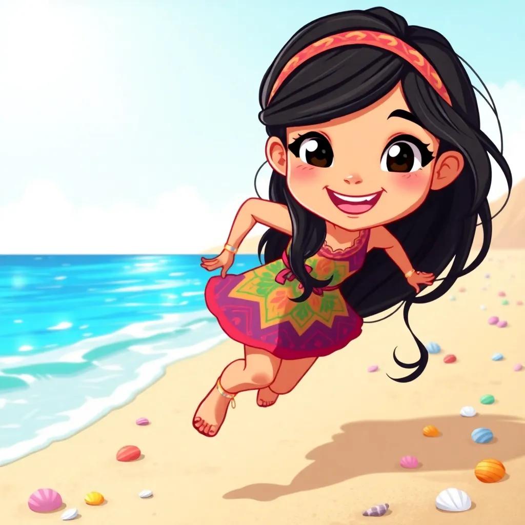 A young Omani girl, Amina, with long black hair wearing a colorful dress, running on a sandy beach, bright blue sea in the background, joyful expression, sunlight shining, colorful shells scattered around, detailed digital art, cheerful and inviting atmosphere, high quality