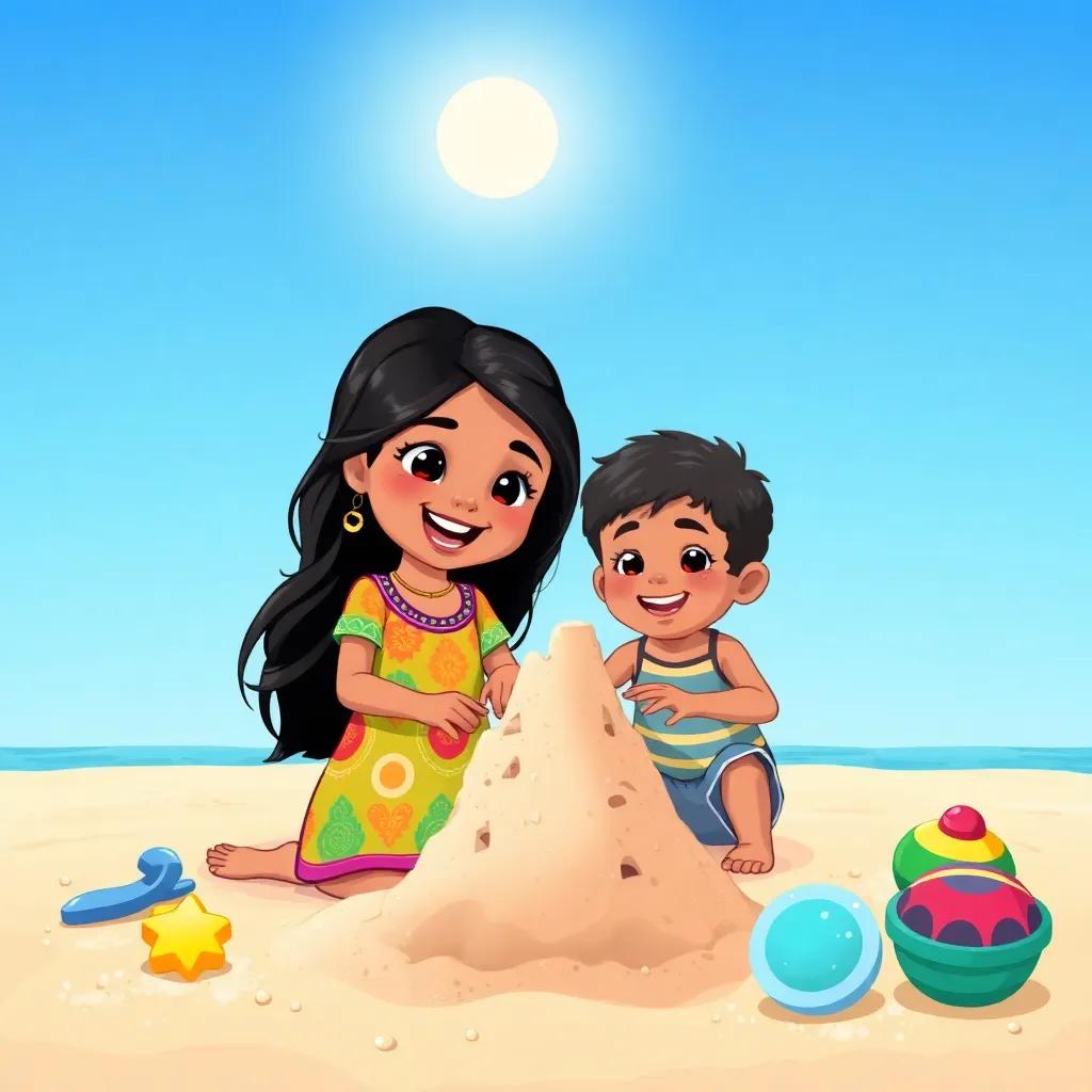 Amina, a young Omani girl with long black hair in a colorful dress, and her younger brother Zaid building a sandcastle, bright blue sky above, sunlight highlighting their joyful faces, colorful beach toys around, warm colors, child-friendly illustration, high quality