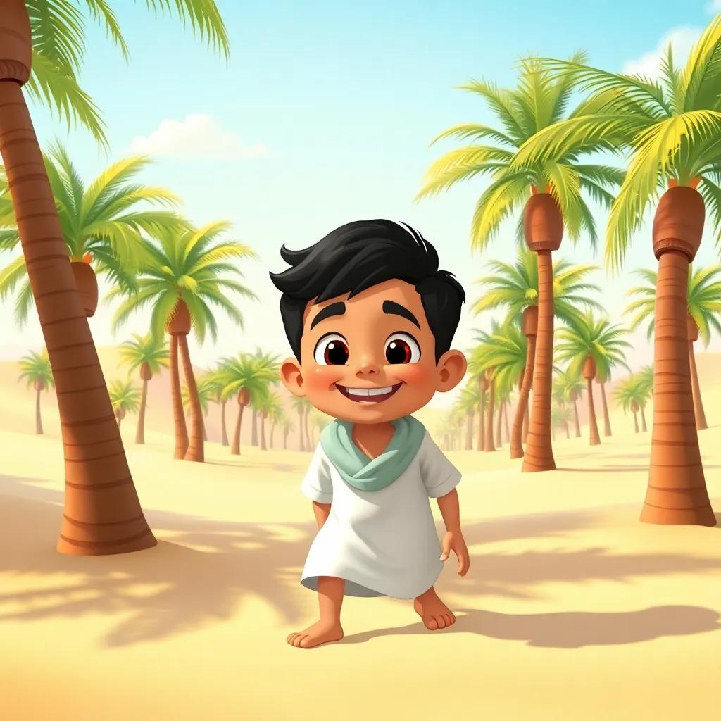 A young Omani boy, Zaid, with dark hair and a big smile, playing in a sunny sandy landscape filled with palm trees, illustration, vibrant colors, cheerful atmosphere, high quality