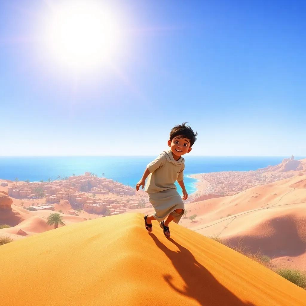 A young Omani boy, Zaid, climbing a sandy hill under a bright sun, with a wide view of a village and the blue sea in the background, digital art, warm colors, joyful perspective, high quality