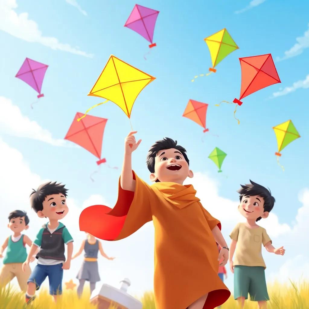 Zaid playing with other children, flying colorful kites high in a clear blue sky, the kites dancing in the breeze, illustration, fun and energetic, lively atmosphere, high quality