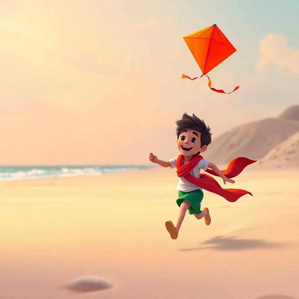 Zaid, with a bright red kite, running happily on the soft sandy beach, as the kite flies high, surrounded by laughter and joy, digital painting, colorful, uplifting mood, high quality