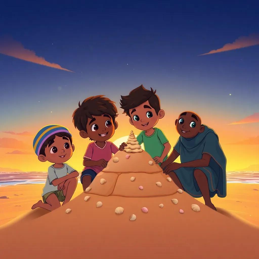 Zaid and his friends building a sandcastle together, stacking sand and decorating it with seashells, with a sunset in the background, illustration, warm colors, collaborative spirit, high quality
