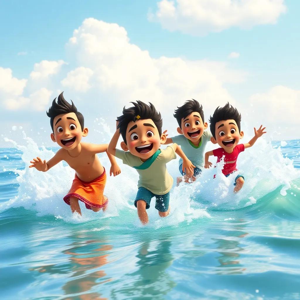 Zaid and his friends racing towards the sea, splashing water everywhere, joyful expressions on their faces, digital art, vibrant colors, playful atmosphere, high quality