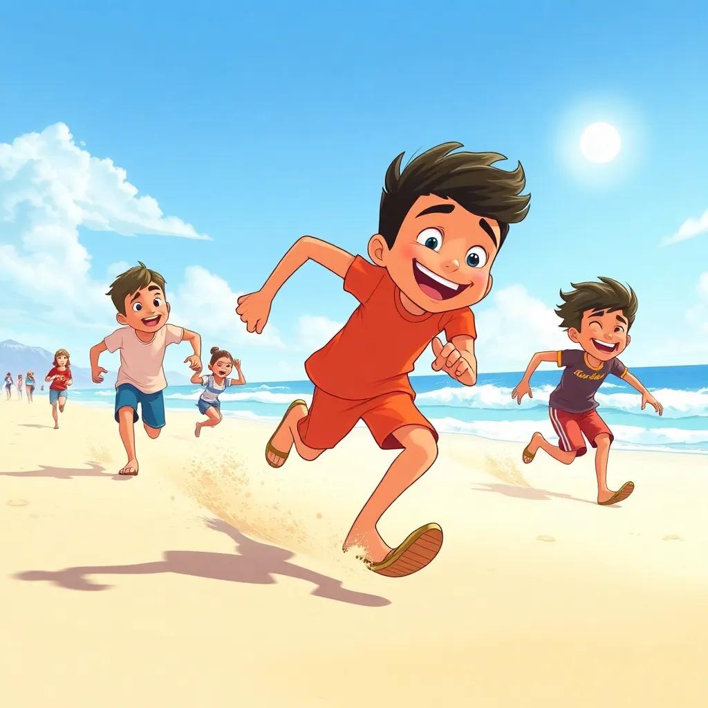 Zaid running on the beach, playing tag with friends, under a clear sky and warm sun, laughter filling the air, illustration, cheerful, dynamic scene, high quality