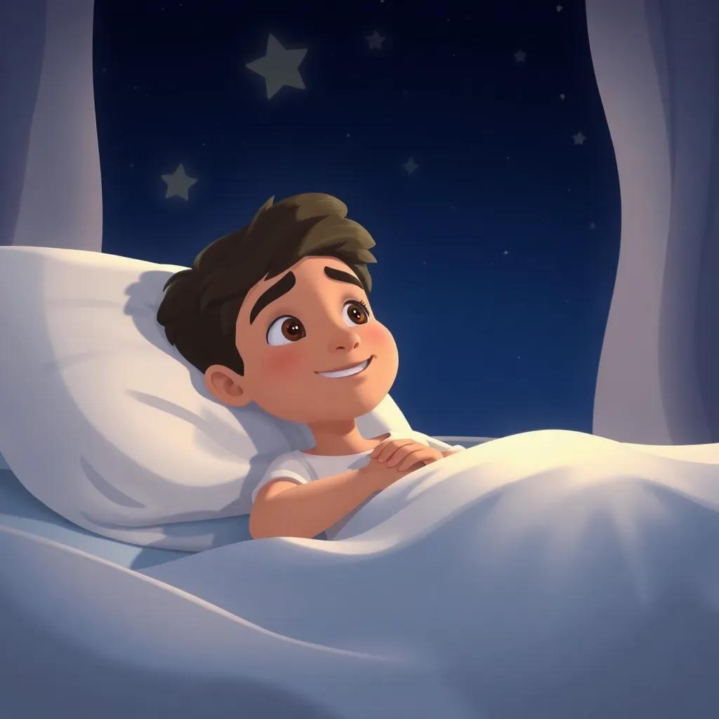 Zaid laying in bed at night, thinking about his joyful day, with dreamy eyes and a smile, surrounded by stars in the night sky, digital art, calm and soothing colors, cozy atmosphere, high quality