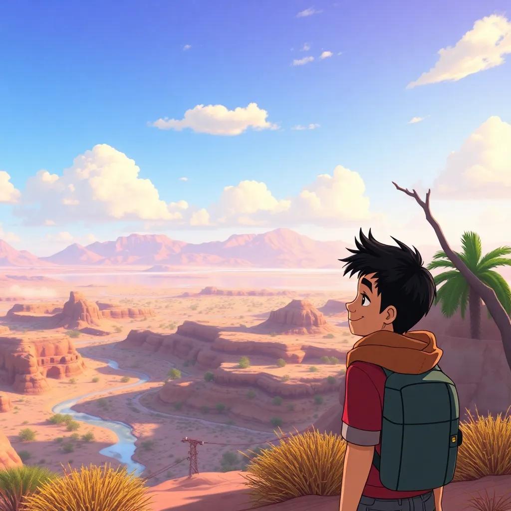 A view of Oman’s beautiful landscape with Zaid in the foreground, capturing the essence of adventure and friendship, illustration, vibrant colors, heartwarming scene, high quality