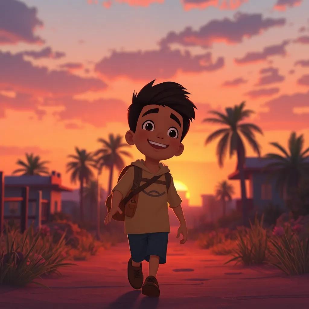 Zaid returning home at sunset, feeling happy and grateful, his heart full of memories from a fun day with friends, digital art, soft colors, nostalgic and warm, high quality