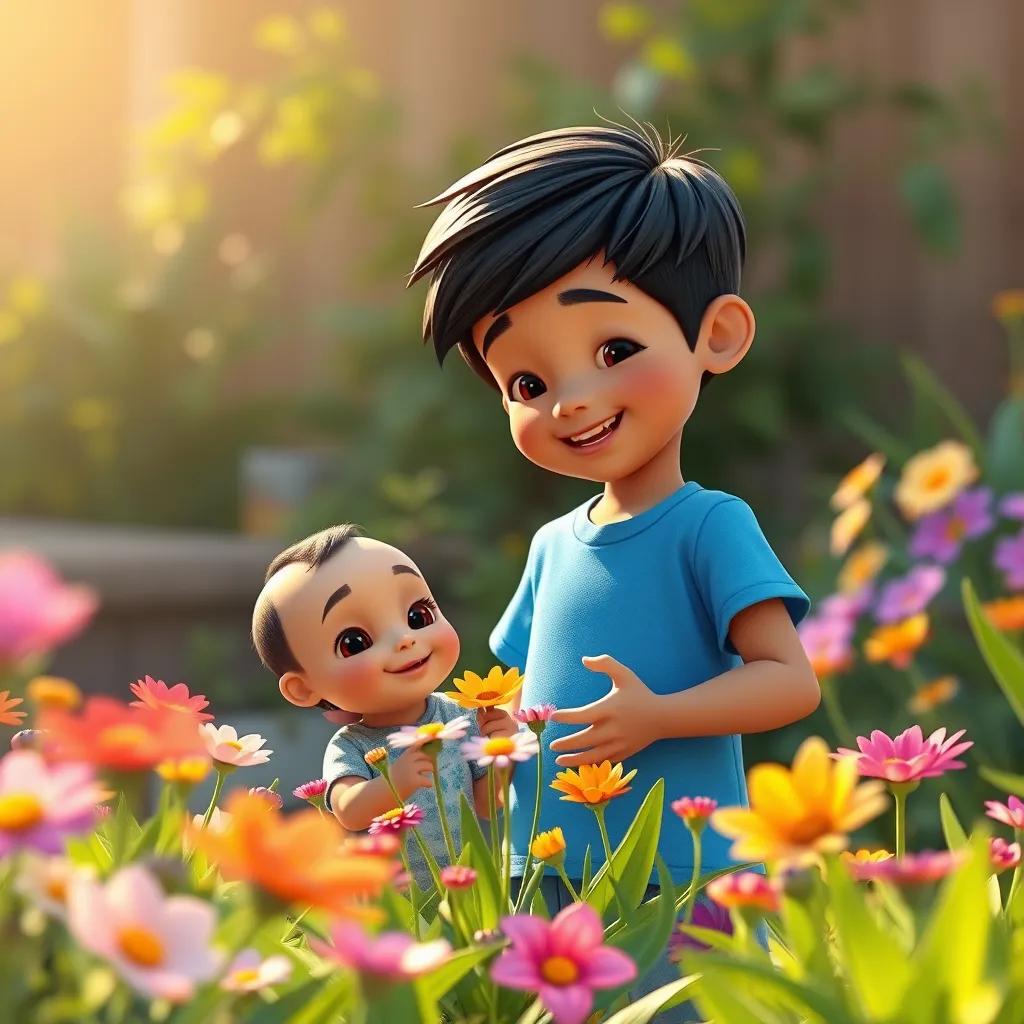 Omar, a lively boy with short black hair in a bright blue t-shirt, gently showing his baby brother Azzouz the colorful flowers in the garden, flowers in focus, warm light, bright and happy colors, digital illustration, child-friendly scene, inviting background