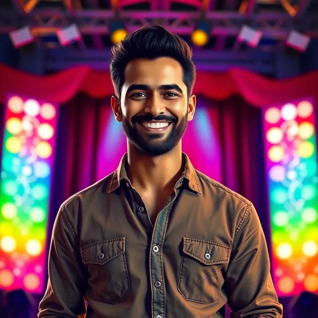 A cheerful man, Omar, with a charming smile, wearing a casual shirt and jeans, standing in front of a bright stage with sparkling lights, digital art, vibrant colors, inviting atmosphere, high quality