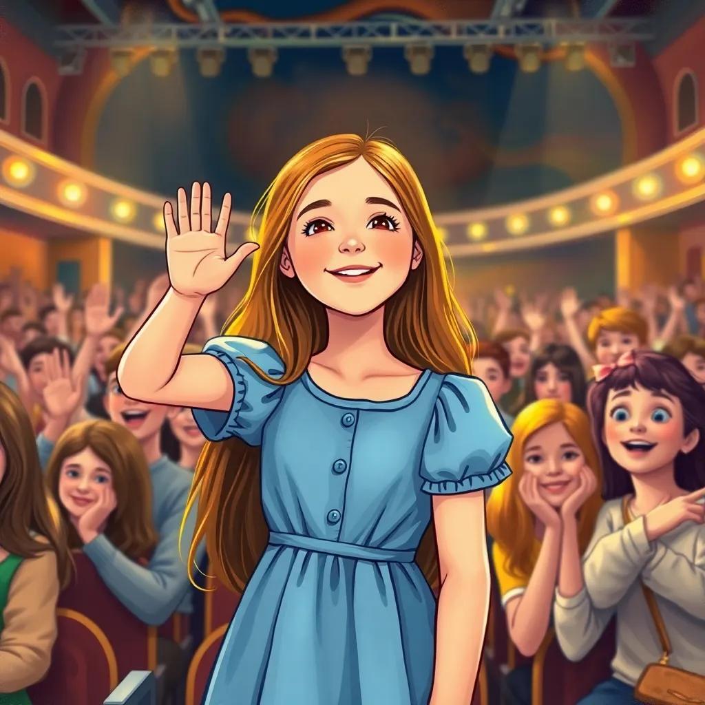 A young woman, Sarah, with long hair, wearing a pretty blue dress, waving proudly from the front row, surrounded by cheering crowd, bright stage lights, joyful expression, detailed illustration, warm atmosphere, child-friendly