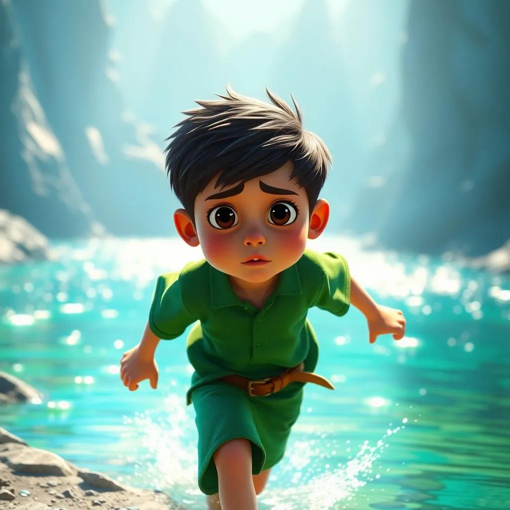 Omar, a seven-year-old boy, with a worried look, running towards a glimmering river, bright sunlight reflecting on water, detailed digital art, vibrant blue and green, high quality
