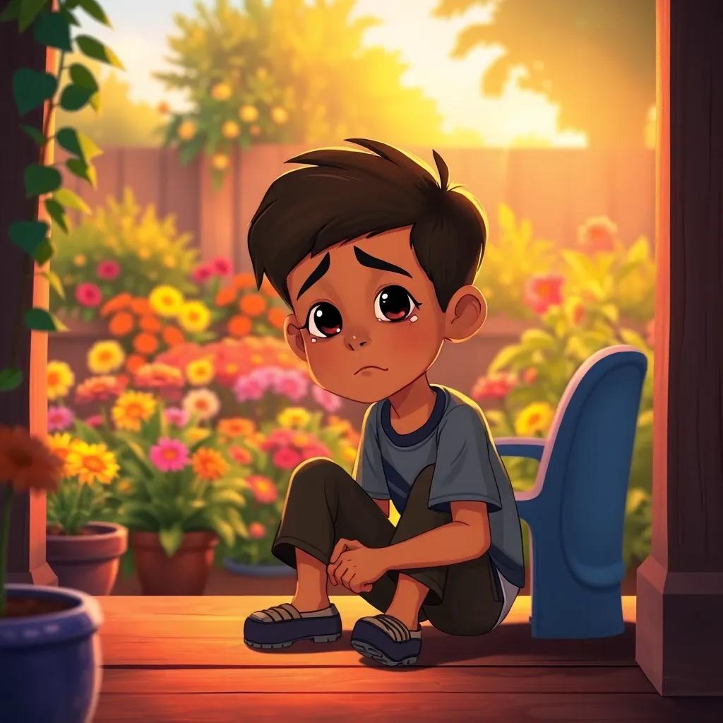 Omar, a seven-year-old boy, sitting sadly on the porch, tears in his eyes, colorful garden in the background, warm light, emotional illustration, detailed, relatable scene, high quality