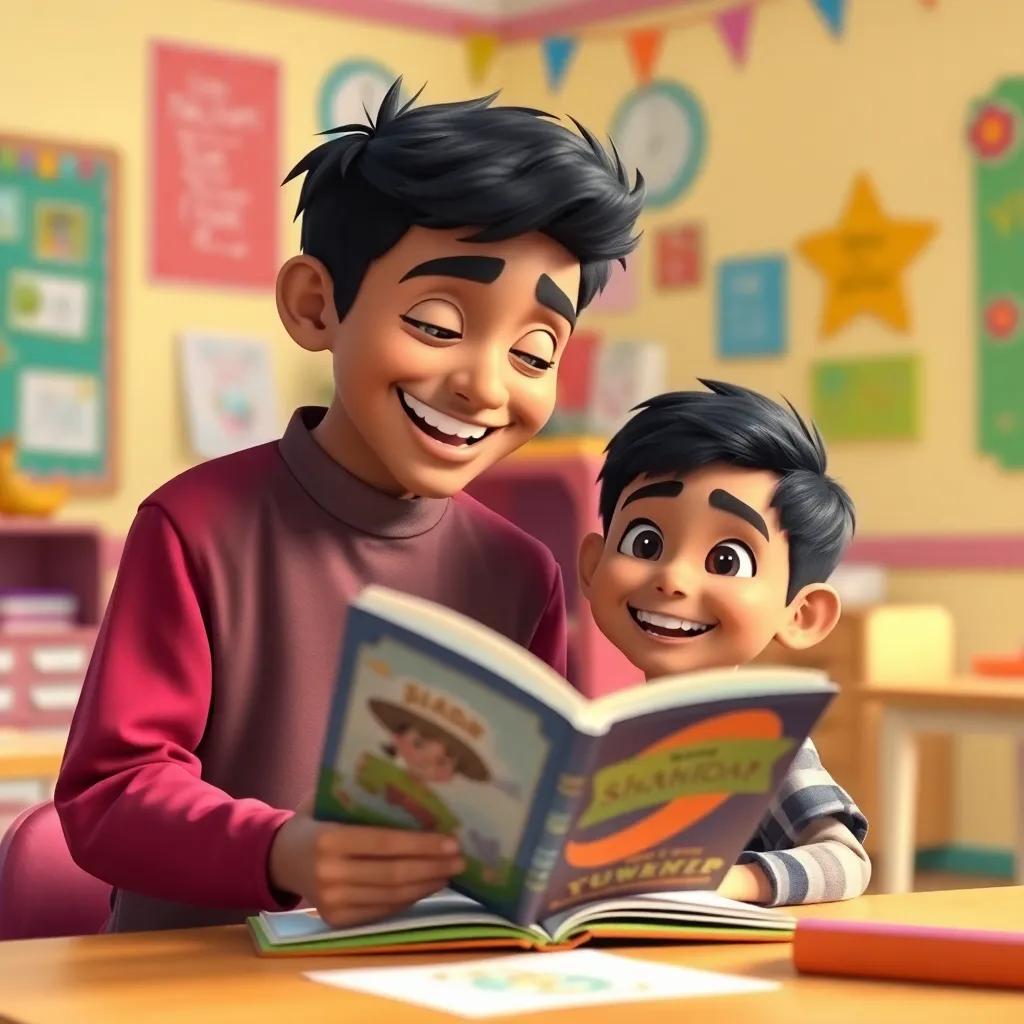 Omar, a seven-year-old boy, happily sharing his story with Ahmed, a cheerful boy, in a classroom, bright walls and playful decorations, digital art, inviting atmosphere, friendly setting, high quality