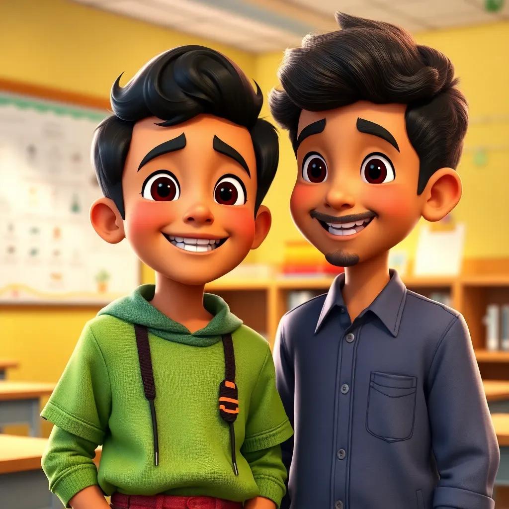 Ahmed, a cheerful boy, explaining about the harmful insects, standing with Omar, bright classroom background, engaging scene, vibrant colors, joyful atmosphere, high quality