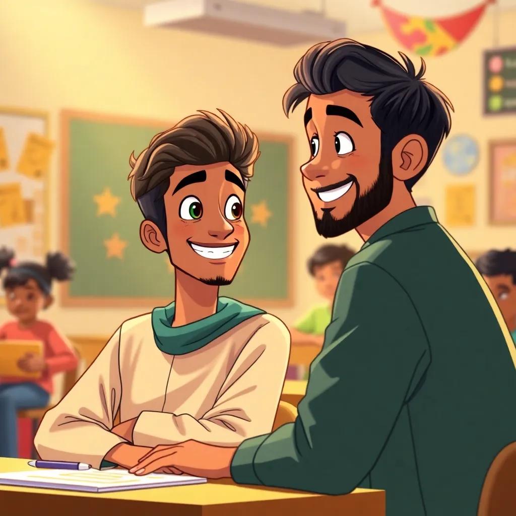Omar, smiling and realizing the importance of listening, nodding at Ahmed in class, lively background with friends playing, colorful illustration, warm light, joyful connection, high quality