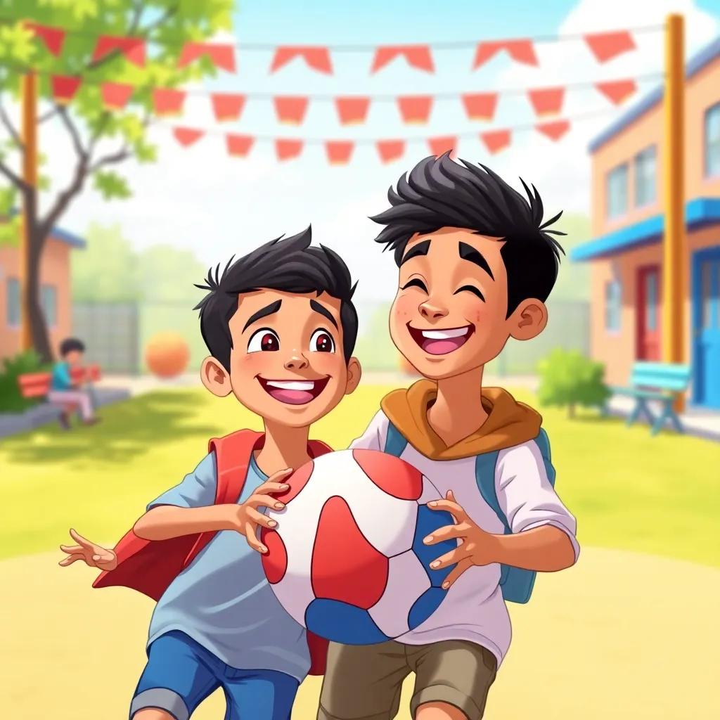 Omar and Ahmed playing ball together during recess, smiling and laughing, bright sunny schoolyard, happy children's faces, lively illustration, vibrant colors, fun atmosphere, high quality