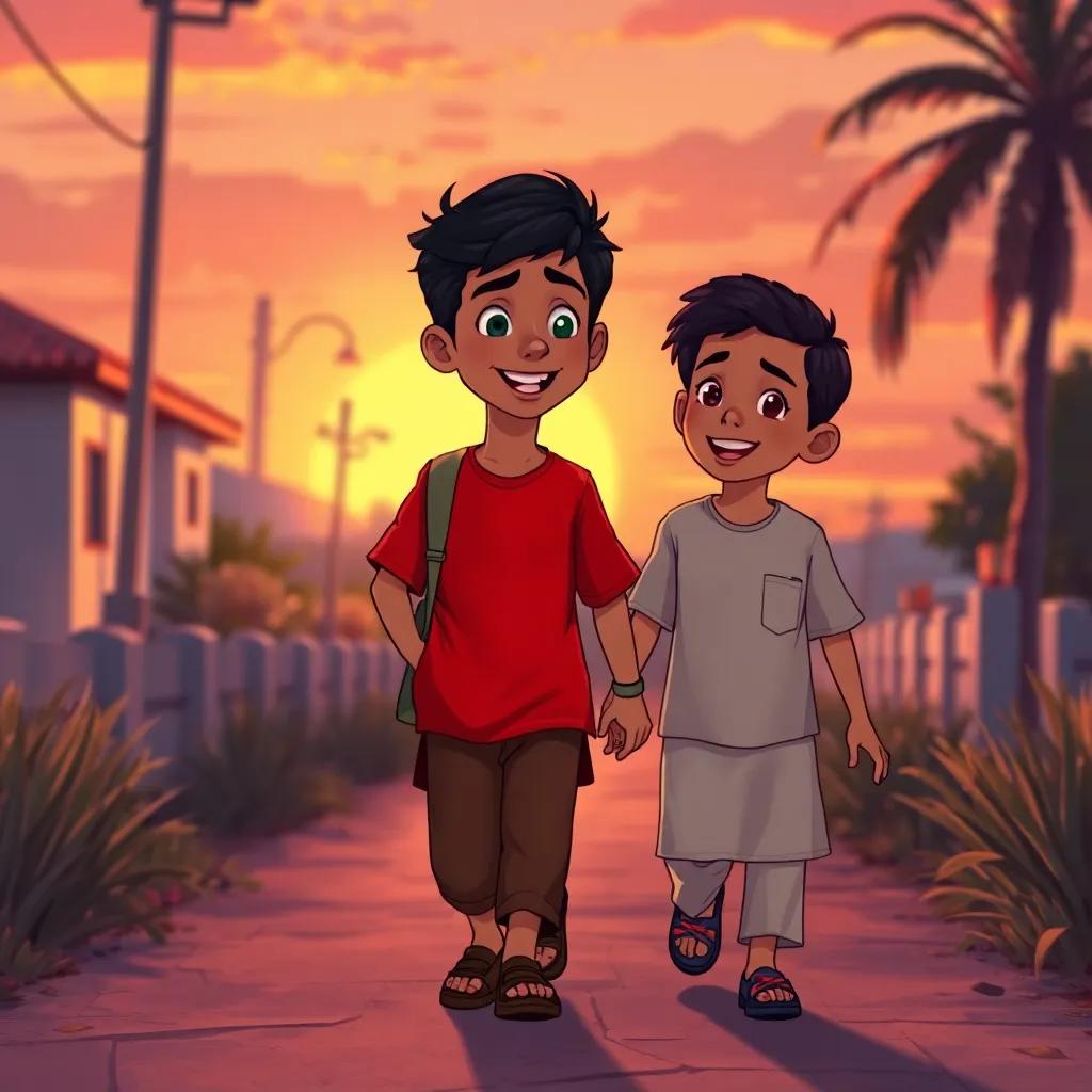 Omar, a seven-year-old boy, walking home with Ahmed, chatting and smiling, beautiful sunset in the background, peaceful illustration, warm colors, joyful togetherness, high quality
