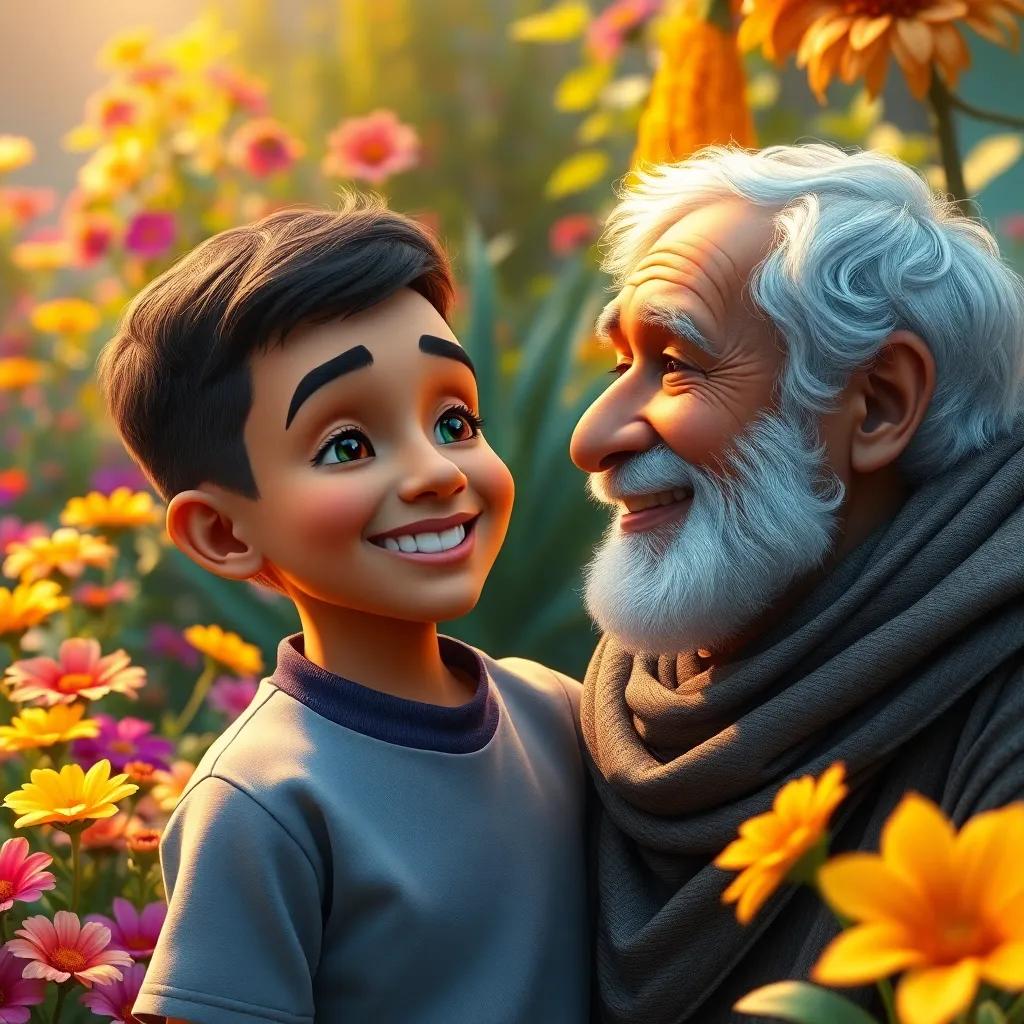 Omar, a seven-year-old boy, smiling appreciatively at his grandfather, colorful garden around them, happy moment of wisdom and care, detailed art, warm light, high quality