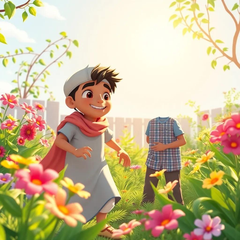 Omar, a seven-year-old boy, playing in the garden with his friend Ahmed, bright and cheerful scene with flowers and sunshine, digital art, lively colors, delightful adventure, high quality