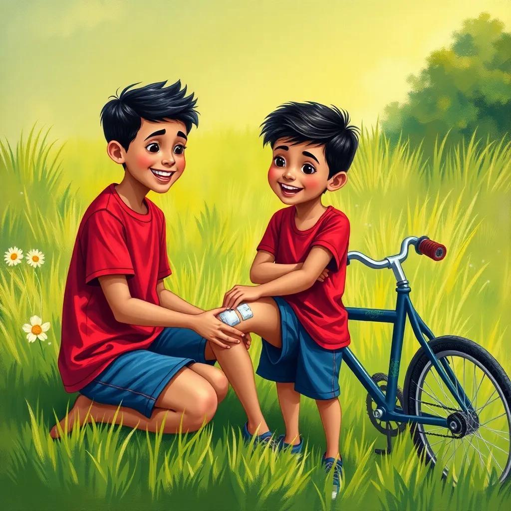 Omar, a cheerful boy with short black hair, in a red t-shirt and blue shorts, bandaging Zain's scraped knee, in a grassy field with a bike nearby, highlighting friendship and kindness, illustration, vibrant colors, heartwarming scene, engaging perspective, child-friendly