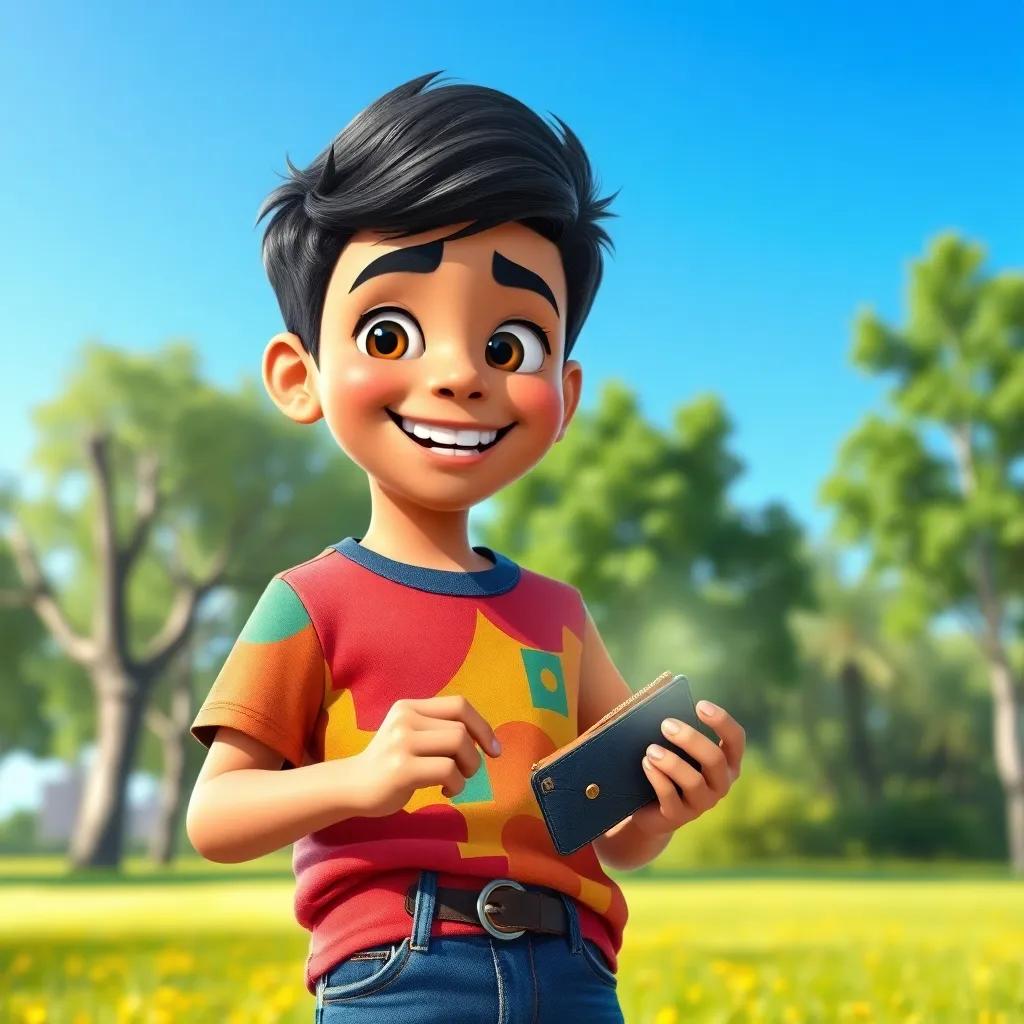 A cheerful young Arab boy, Omar, with short black hair, wearing a colorful t-shirt and jeans, discovering a shiny, small wallet in the park under a bright blue sky, digital art, vibrant colors, joyful atmosphere, high quality