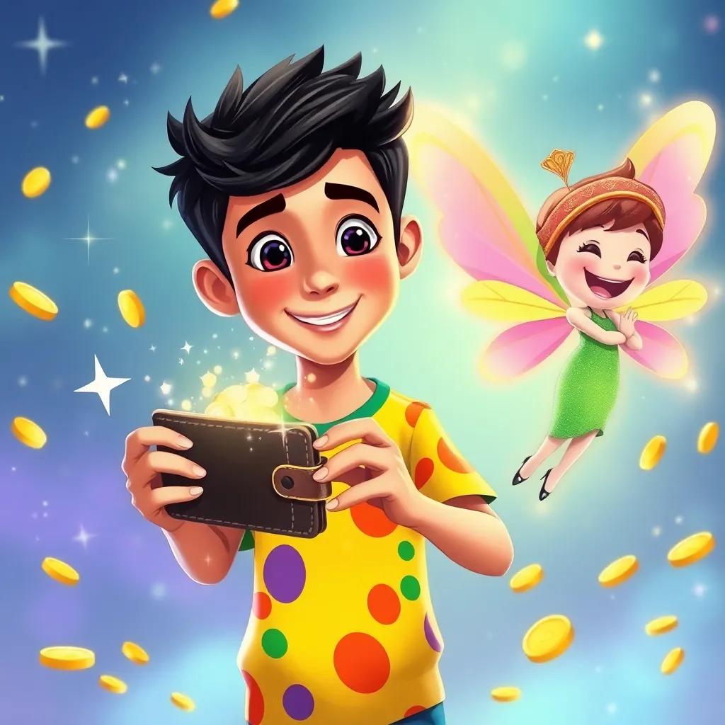 A magical scene with Omar, a young Arab boy with short black hair in a colorful t-shirt, holding a shiny wallet with sparkles and gold coins around, and a smiling fairy with colorful wings appearing happily, fantasy illustration, cheerful, lighthearted, high quality