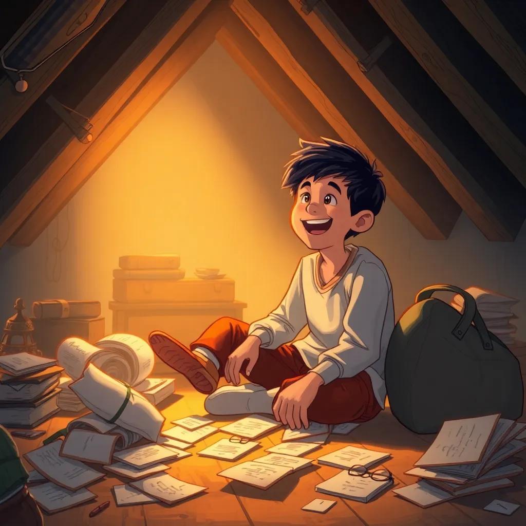 Omar, a fourteen-year-old boy with short black hair, sitting on the attic floor surrounded by dusty letters and a bag, his face lit with joy and determination, warm golden light filtering in, cozy surroundings, detailed illustration, nostalgic ambiance, child-safe