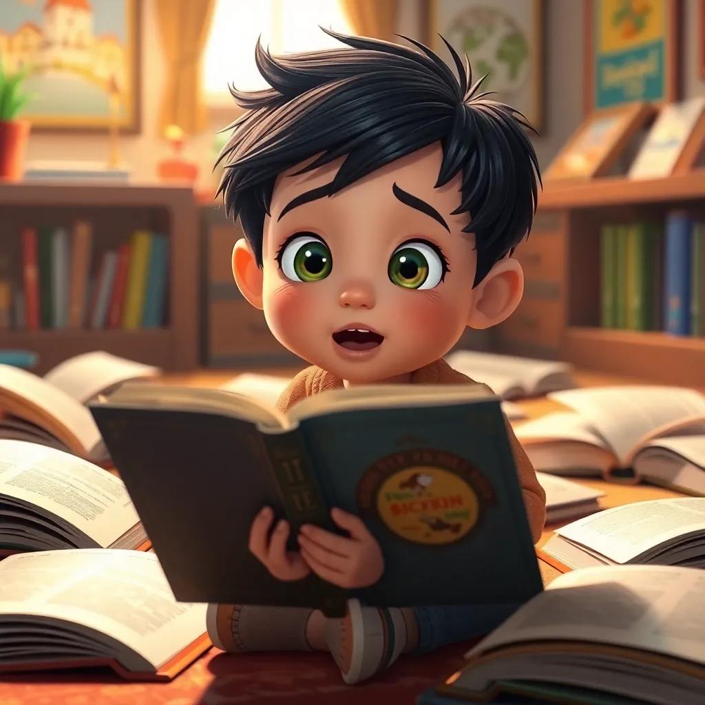 A young boy, Omer, with bright eyes and short black hair, sitting on a floor surrounded by open storybooks, looking excited and curious, warm light, colorful room, digital art, imaginative, inviting atmosphere, high quality