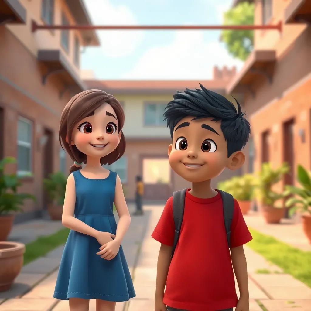Children in a school courtyard, a girl named Sarah with brown hair and a blue dress speaking confidently, a boy named Mazen with short black hair wearing a red shirt looking playful, digital art, friendly and engaging, warm lighting, high quality