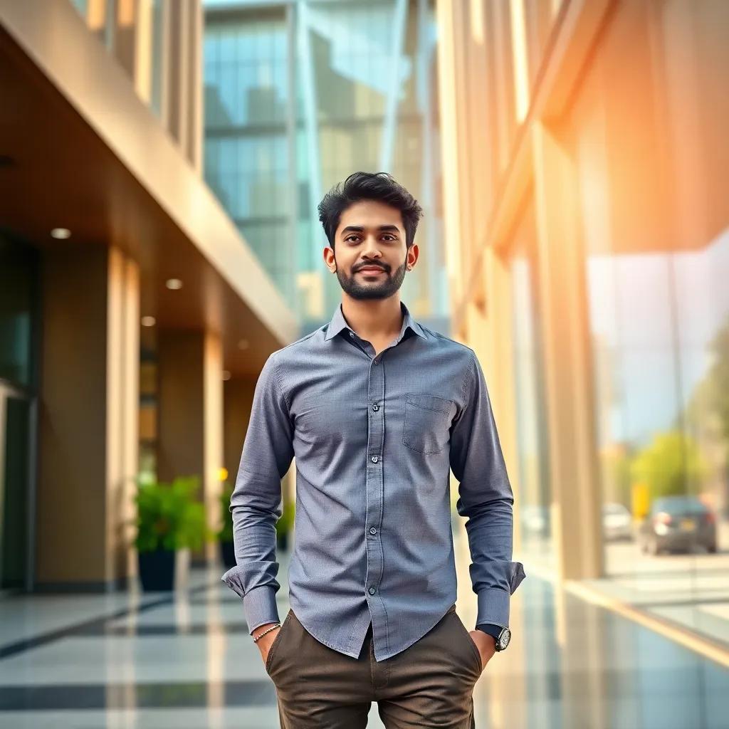 A young man, Onkar Rajendra Moholkar, with dark hair wearing a smart casual shirt and trousers, standing at the entrance of a corporate office surrounded by modern architecture, feeling excited and nervous, digital art, bright morning light, vibrant colors, inviting atmosphere, high quality