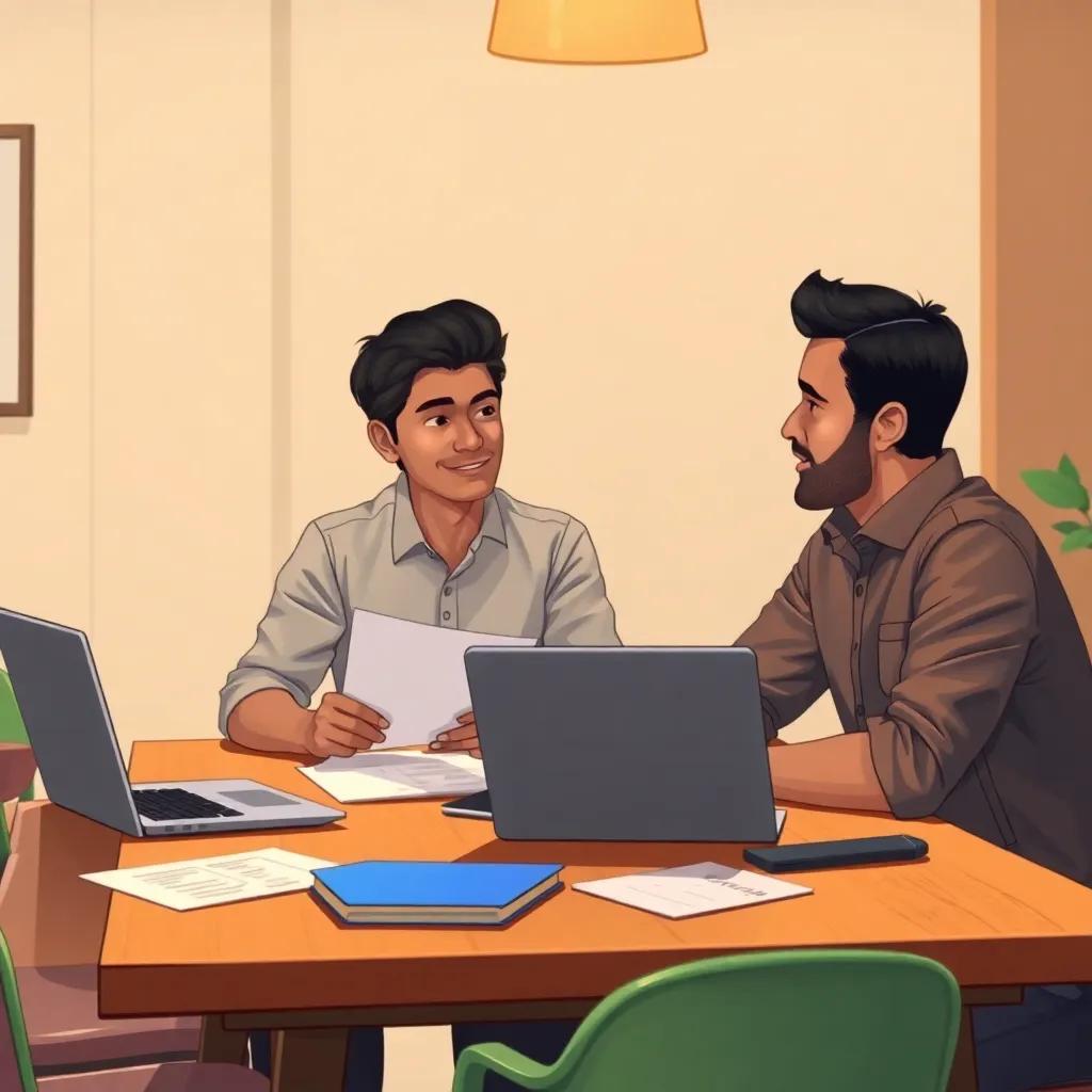 Onkar Rajendra Moholkar, a young man with dark hair in a smart casual outfit, sitting at a table with his manager discussing plans, papers and laptops scattered around, a warm and collaborative environment, illustration, cozy and inviting, child-friendly