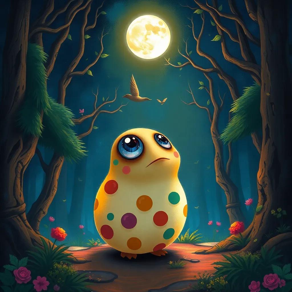 A little round creature named O, with big eyes and colorful spots, stands in a magical forest at night, gazing at a bright, shiny moon, digital art, whimsical, enchanted atmosphere, vivid colors, magical perspective, high resolution