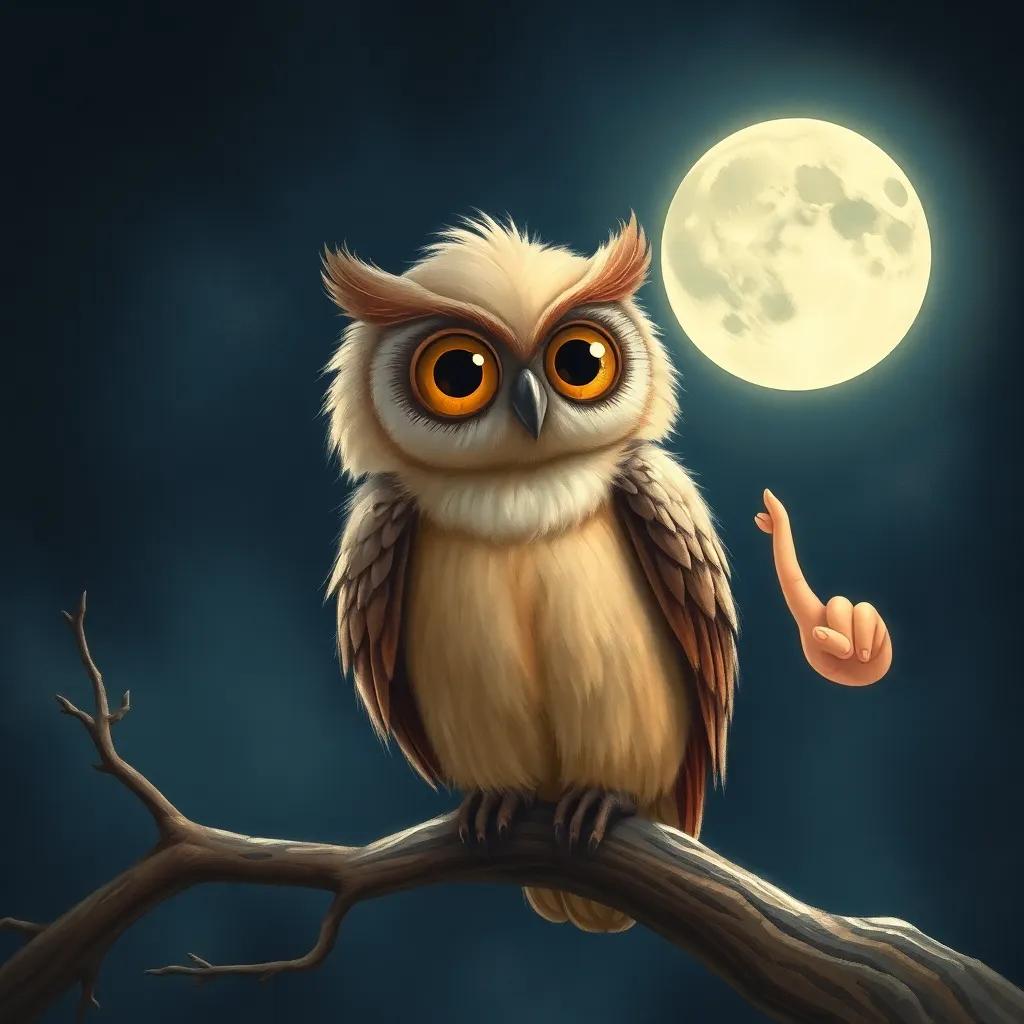 An old wise owl with large, round eyes and fluffy feathers sitting on a low branch, illuminated by moonlight, looking at O who is excitedly pointing at the moon, illustration, cozy, friendly feeling, charming perspective, child-friendly