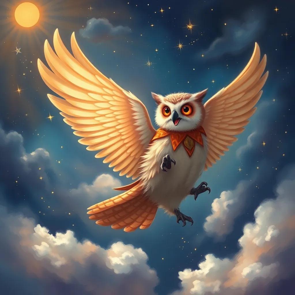 O jumping happily on the back of a wise owl flying in the starry sky, surrounded by fluffy clouds and twinkling stars, magical adventure theme, digital painting, vibrant colors, dynamic angle, high detail