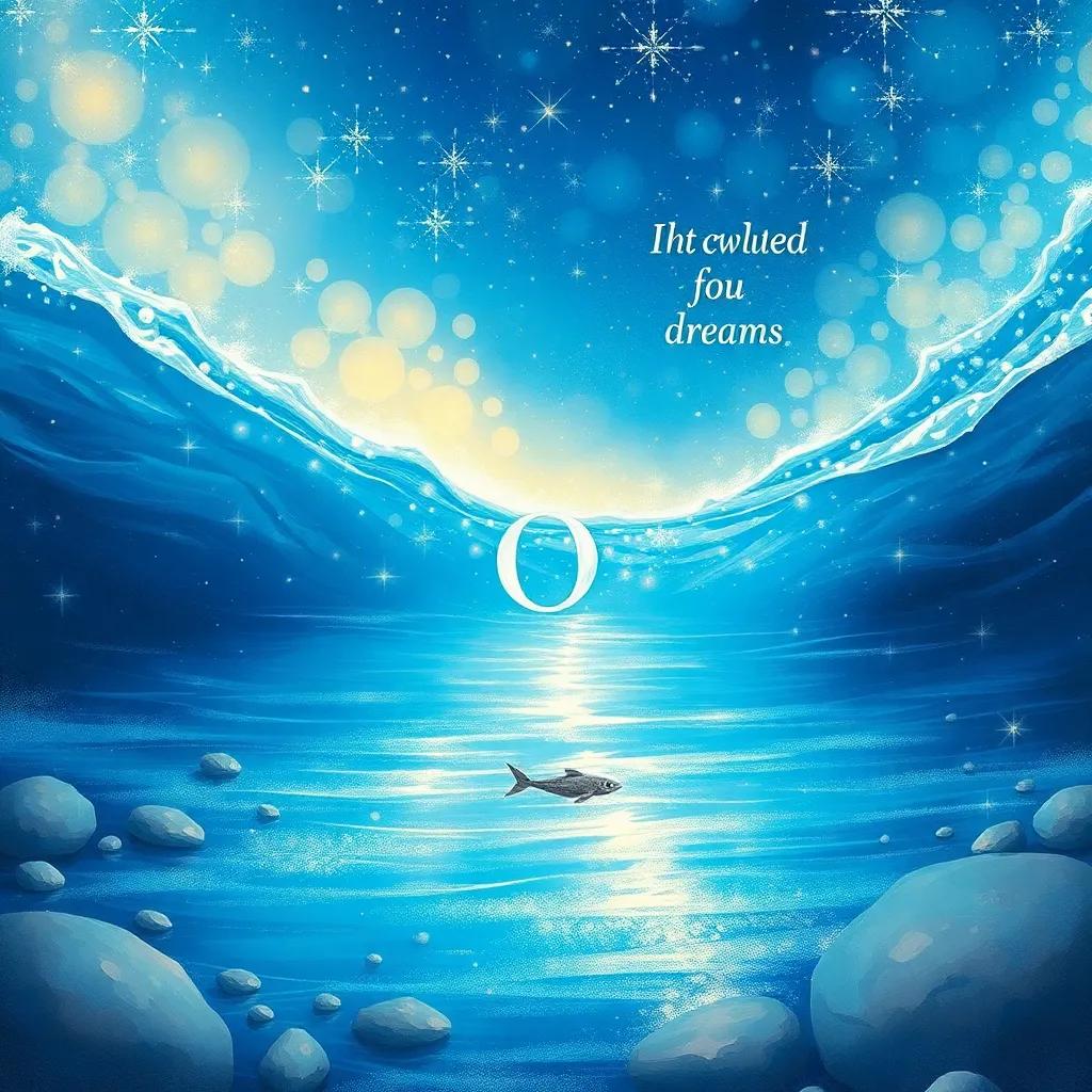 A sparkling, shimmering River of Dreams with O swimming across, bright blues and silver lights reflecting in the water, with whispers of encouragement floating through the air, illustration, dreamy, uplifting, vibrant colors