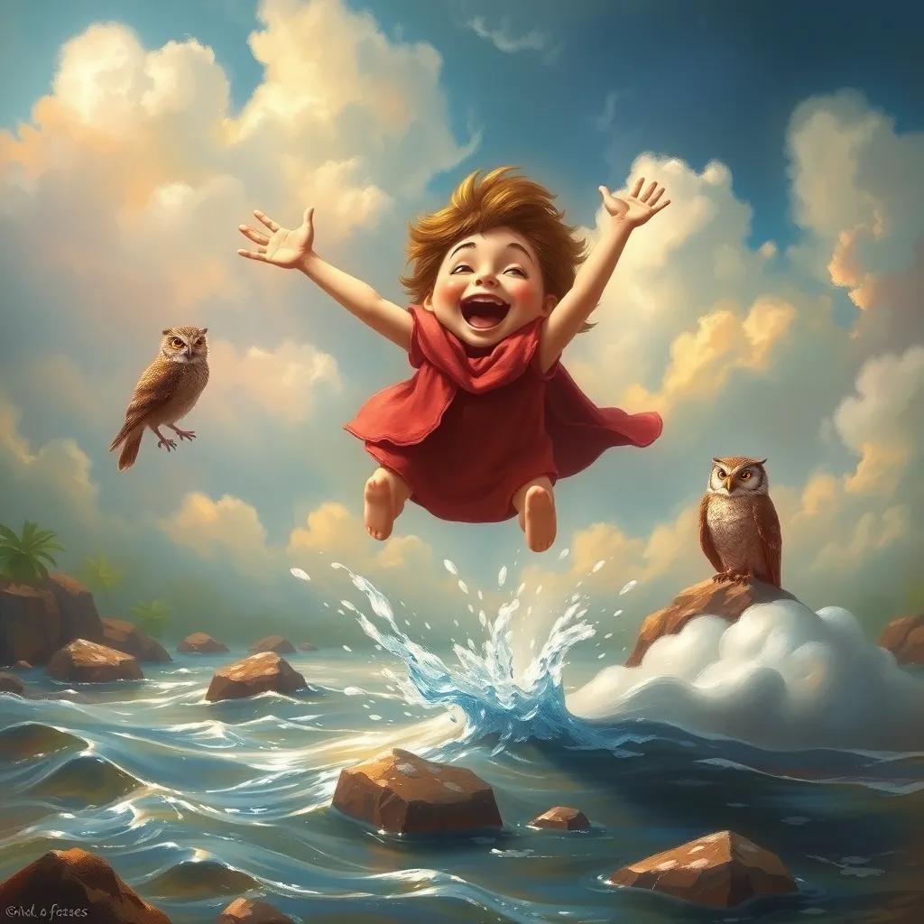 O leaping joyfully out of a shimmering river onto a soft cloud, looking determined and thrilled, while an owl perches nearby, surrounded by soft lighting and colorful clouds, artistic rendering, joyful scene, child-friendly