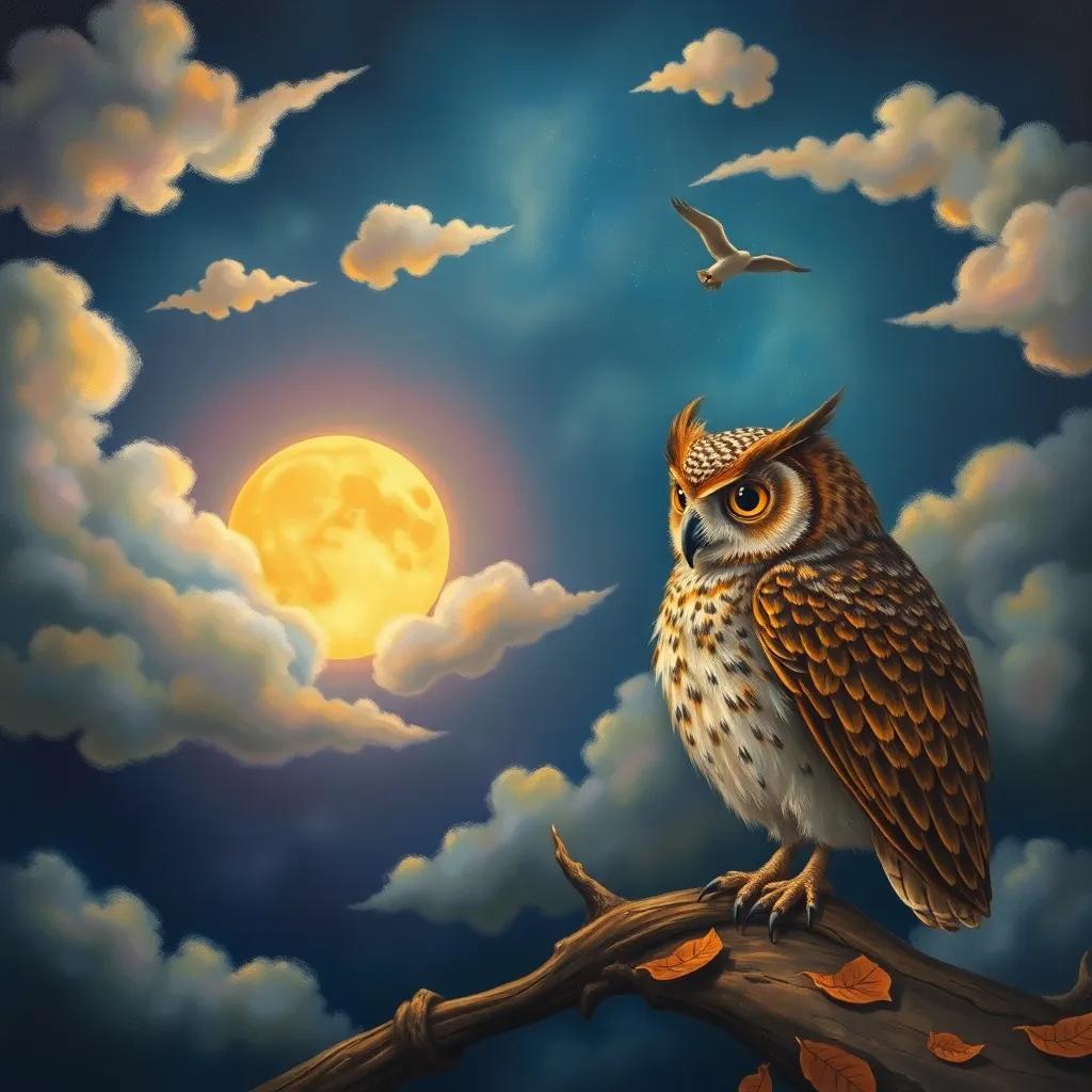 O and the wise owl approaching a glowing moon in the distance, with fluffy clouds leading up to it, vibrant colors and magical atmosphere, whimsical style, high detail