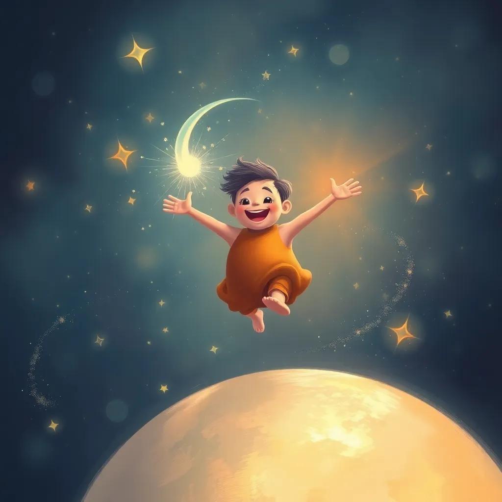 O bouncing happily on the soft surface of the moon, surrounded by twinkling stars with Moonbeam, a friendly spirit, dancing around him in a swirl of stardust, digital art, joyful, magical scene, rich colors