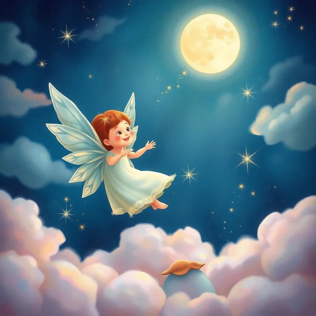 Moonbeam, a cheerful moon spirit with sparkling wings, greeting O on the moon, as they play in a land of soft clouds and light, illustration, enchanting, fun atmosphere, bright and colorful scene