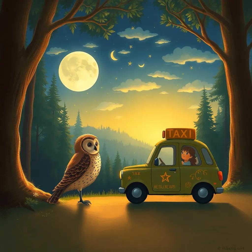 O saying goodbye to Moonbeam with the owl, a shining star taxi waiting, as dawn breaks in the background over the forest, illustration, warm colors, uplifting scene, child-friendly
