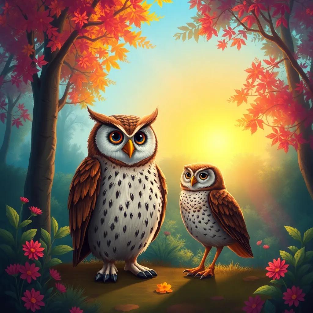 O and the wise owl standing together in the vibrant forest at dawn, as O expresses gratitude with a big smile, colorful morning rays shining through the branches, digital art, heartwarming scene, cheerful and bright