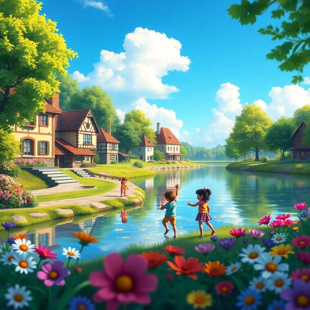 A beautiful village scene with children playing by a lake, surrounded by colorful flowers. Bright blue sky and green trees, cheerful atmosphere, depicting joy and friendship, vibrant colors, detailed illustration