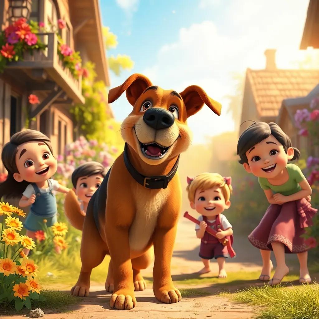 A big brown dog with a gentle look playing with children in the village, happy expressions on their faces, vibrant flowers in the background, warm sunlight, joyful scene, digital art