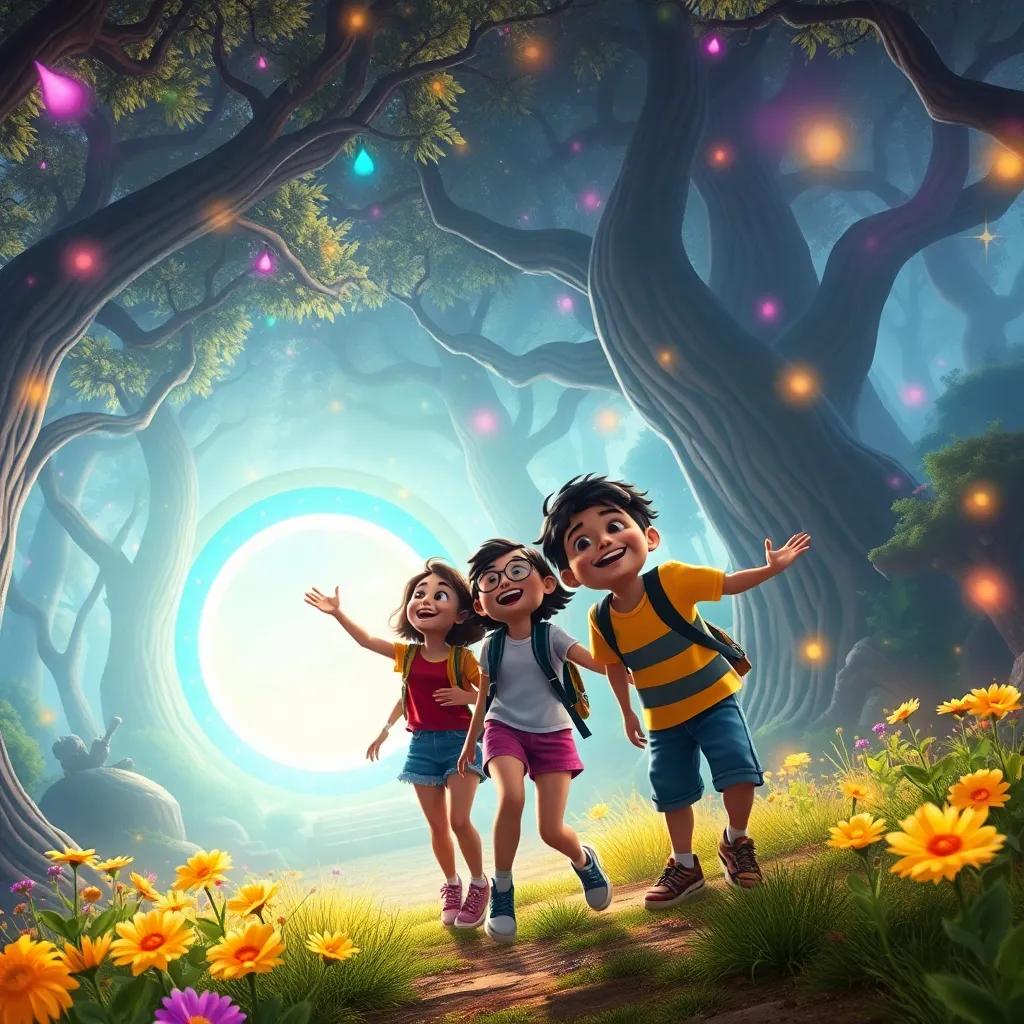 A group of friends, Lila, João, and Tico, excitedly discovering a glowing portal in an ancient park filled with trees and flowers, colorful lights swirling around, digital art, whimsical atmosphere, vibrant colors, adventurous perspective, high quality