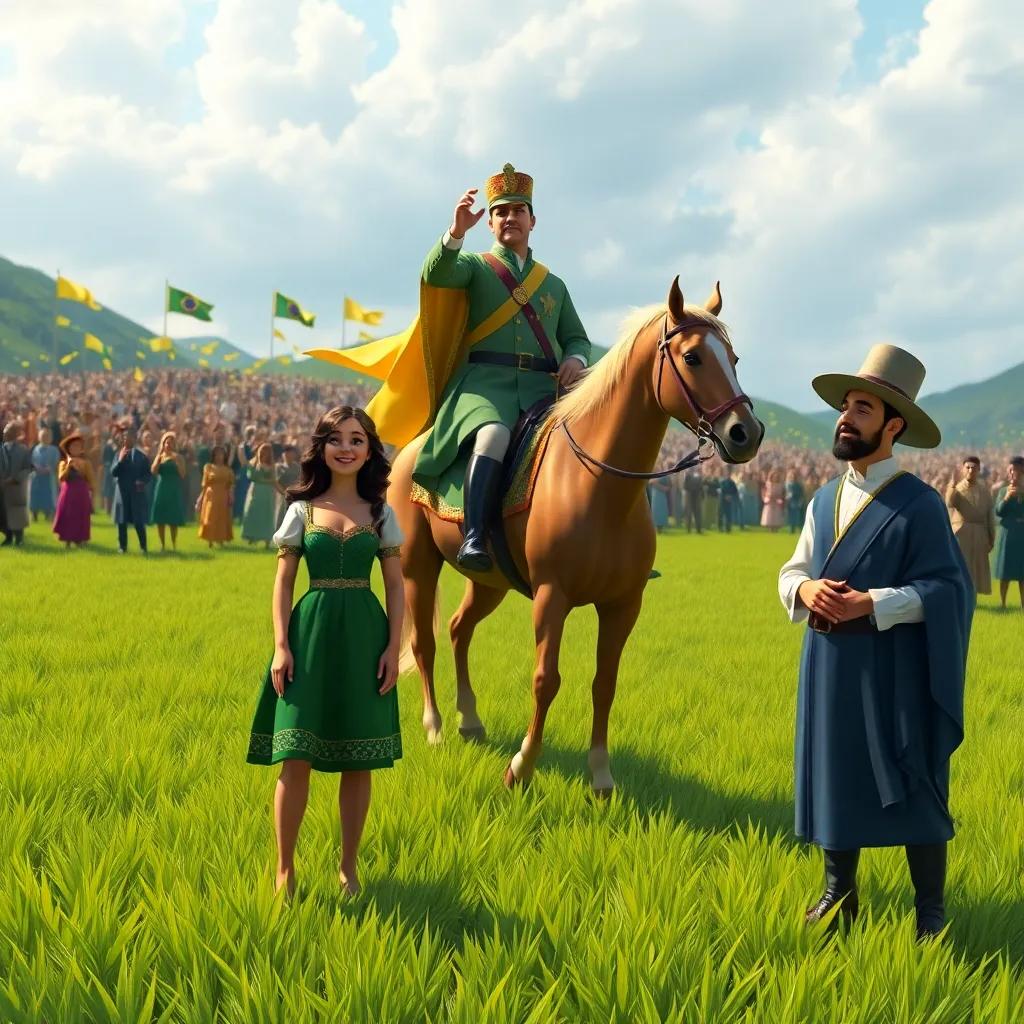 Lila, João, and Tico standing near Dom Pedro I on a horse in a green field, people cheering in the background on the day of Brazil's independence, historical costumes, digital painting, celebratory mood, rich colors, engaging angle, high quality